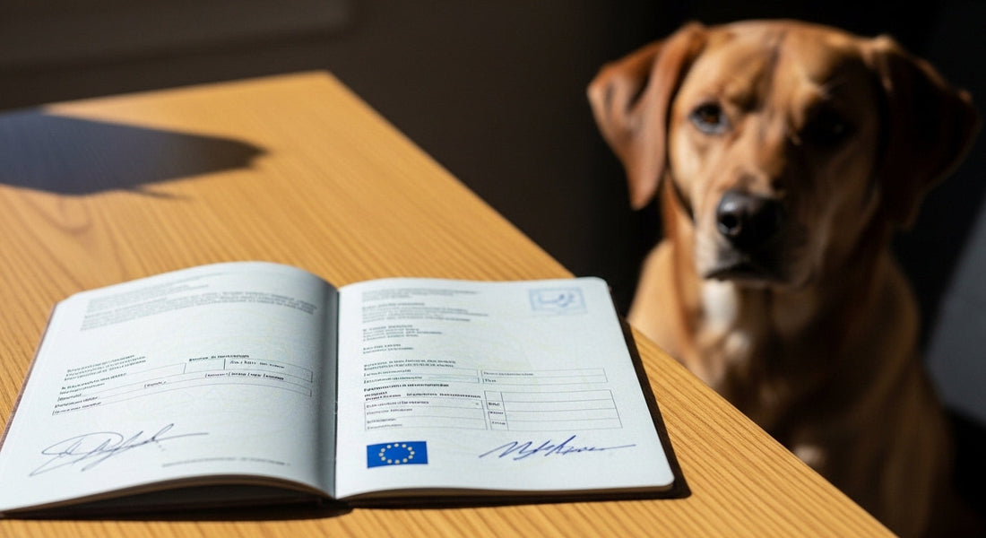 Geöffneter EU-Heimtierausweis auf Tisch mit Hund im Hintergrund