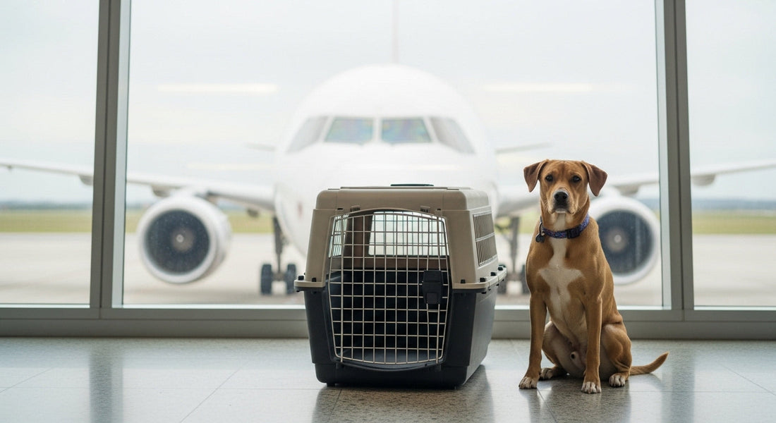 Transportbox für Hund am Flughafen vor Flugreise