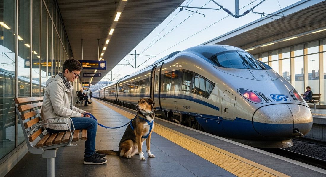 Hund mit Halter am Bahnsteig vor Zugreise