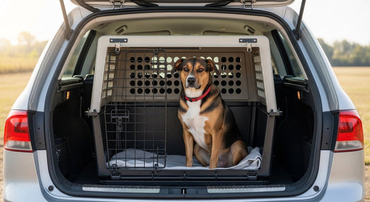 Hund sicher in Transportbox im Kofferraum eines Autos