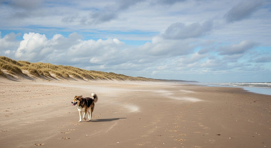 Hund läuft am Nordsee-Strand mit Dünen im Hintergrund