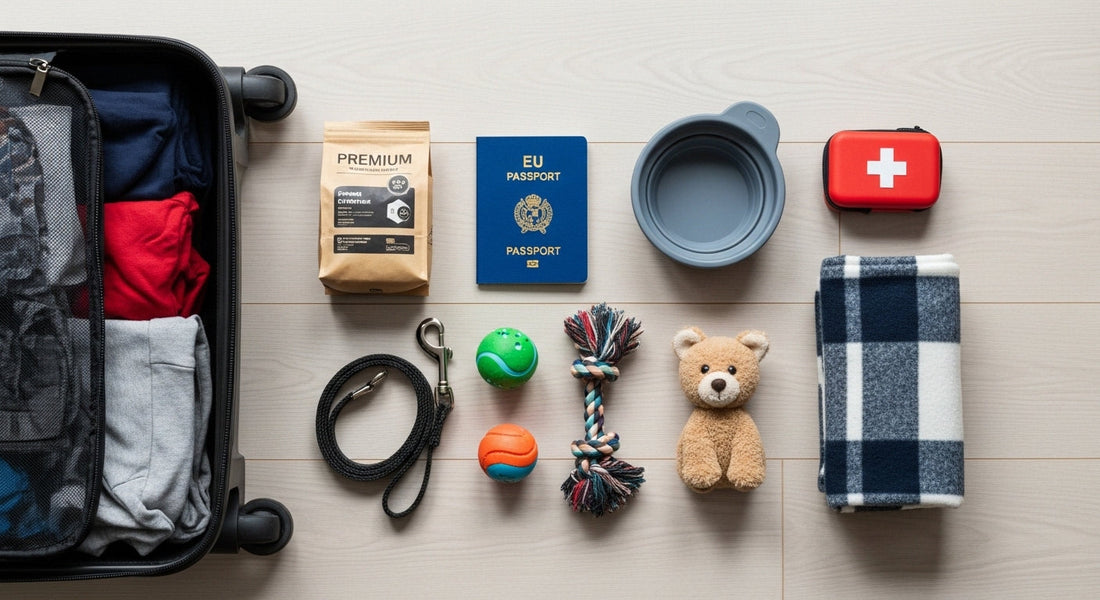 Packliste für den Urlaub mit Hund mit Heimtierausweis, Leine, Napf und Reiseapotheke auf einem Tisch ausgelegt