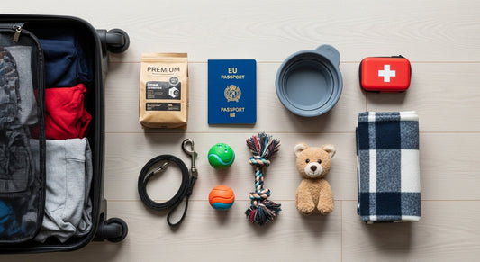 Packliste für den Urlaub mit Hund mit Heimtierausweis, Leine, Napf und Reiseapotheke auf einem Tisch ausgelegt