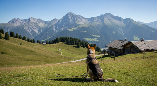 Hund vor Alpenpanorama beim Urlaub mit Hund in Bayern