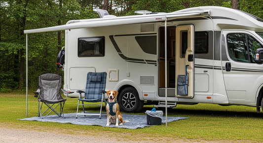 Hund vor Wohnmobil beim Campingurlaub