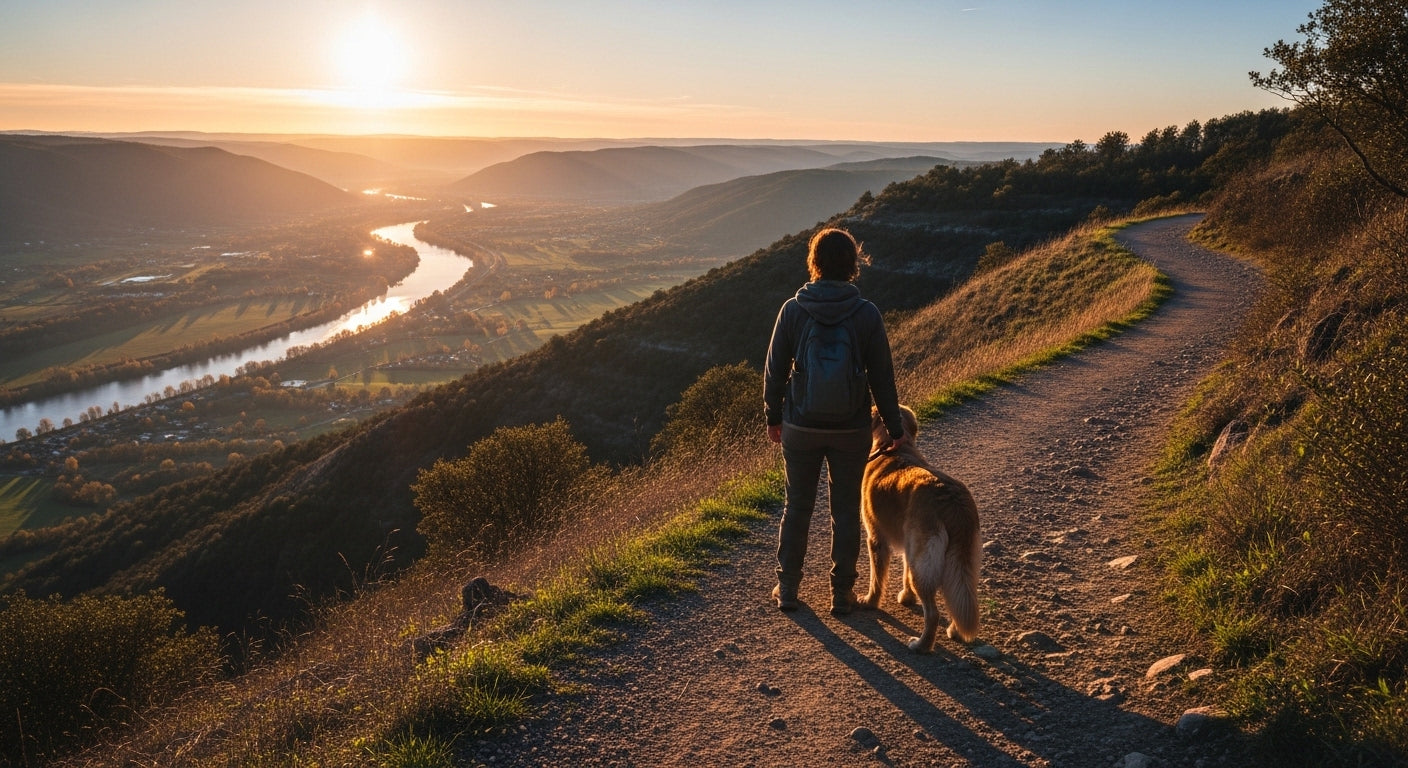 Mensch mit Hund beim Wandern auf einem Höhenweg im Sonnenuntergang mit weiter Landschaft